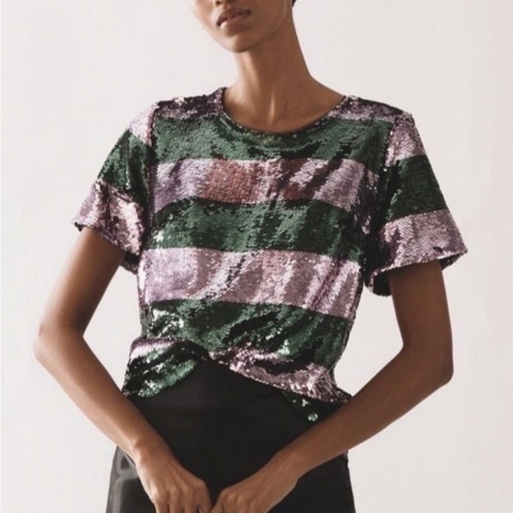 Maeve Sequin Striped Top - Green and Purple